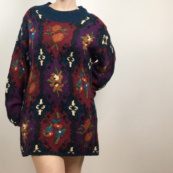 Vintage Dresses & Skirts - vintage hand knit multicolor sweater tunic dress